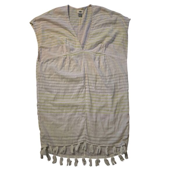 Y2K Old Navy Dress Swim Cover M Linen Hippie Baby Doll Fringe Coastal Beachy - Picture 1 of 8